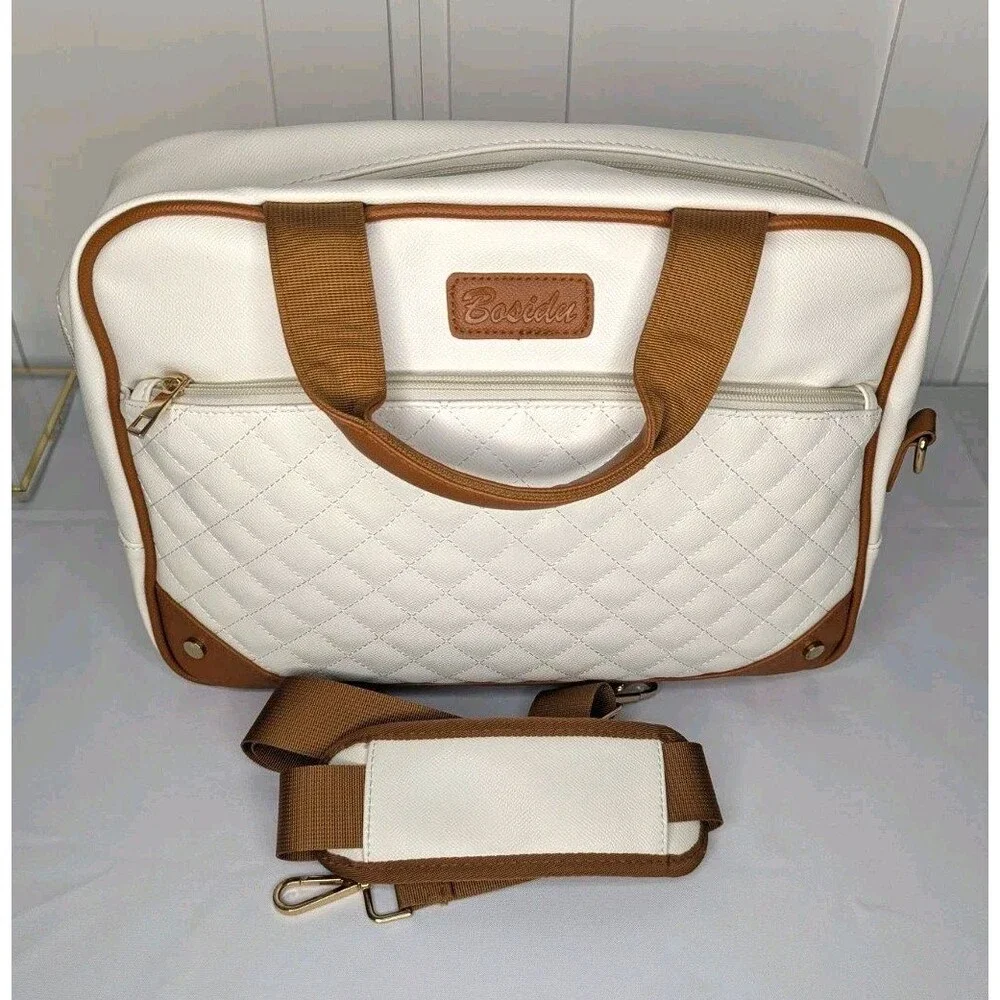 14 inch Laptop/Work Bag - Quilted White with Brown Trim